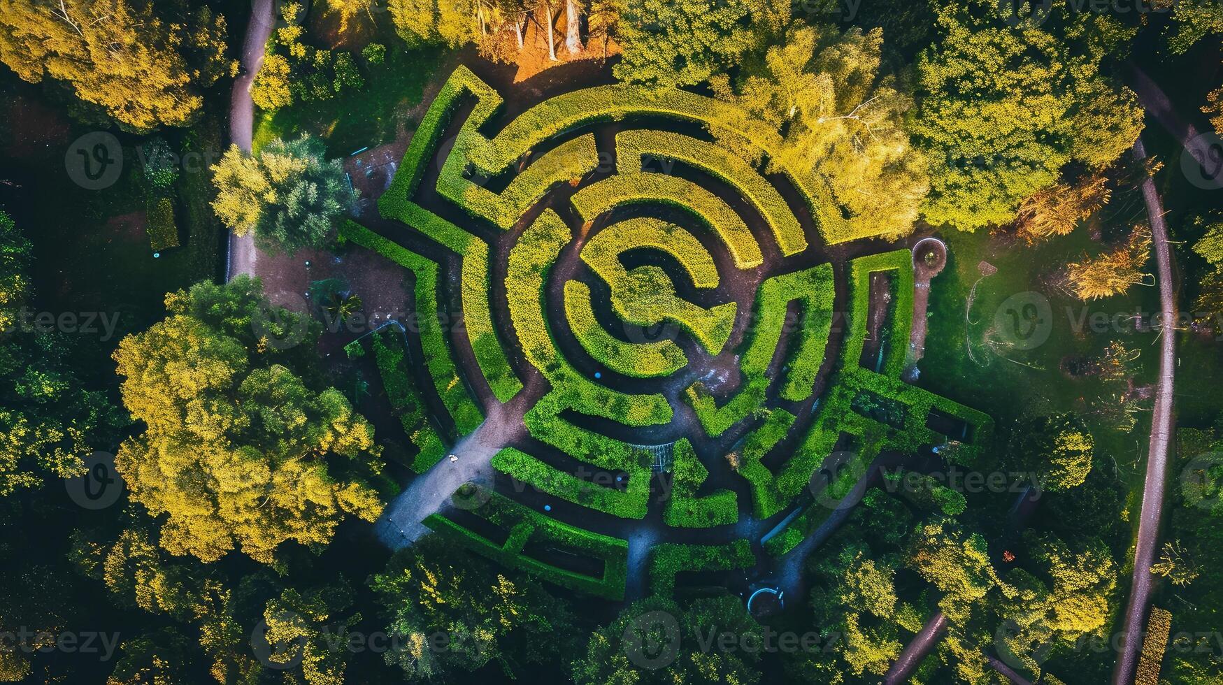 ai generado aéreo ver de verde laberinto jardín foto