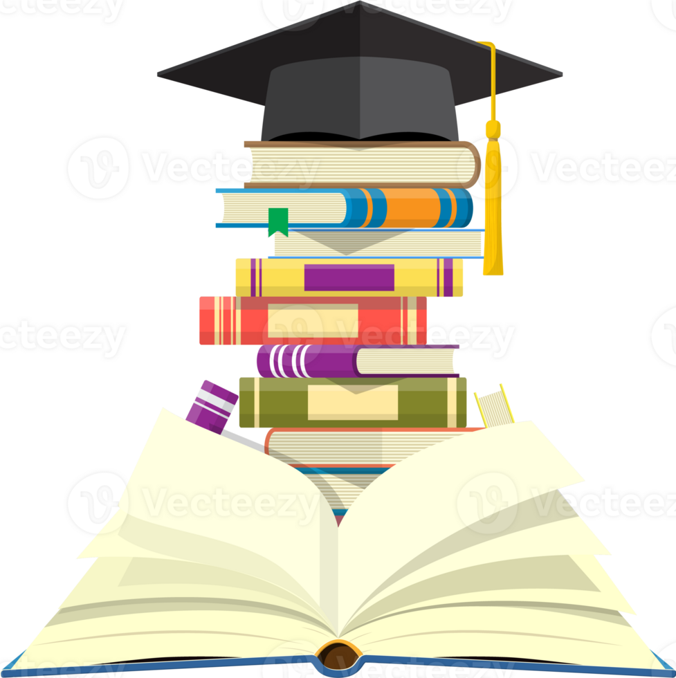 Graduation cap on stack of books. png