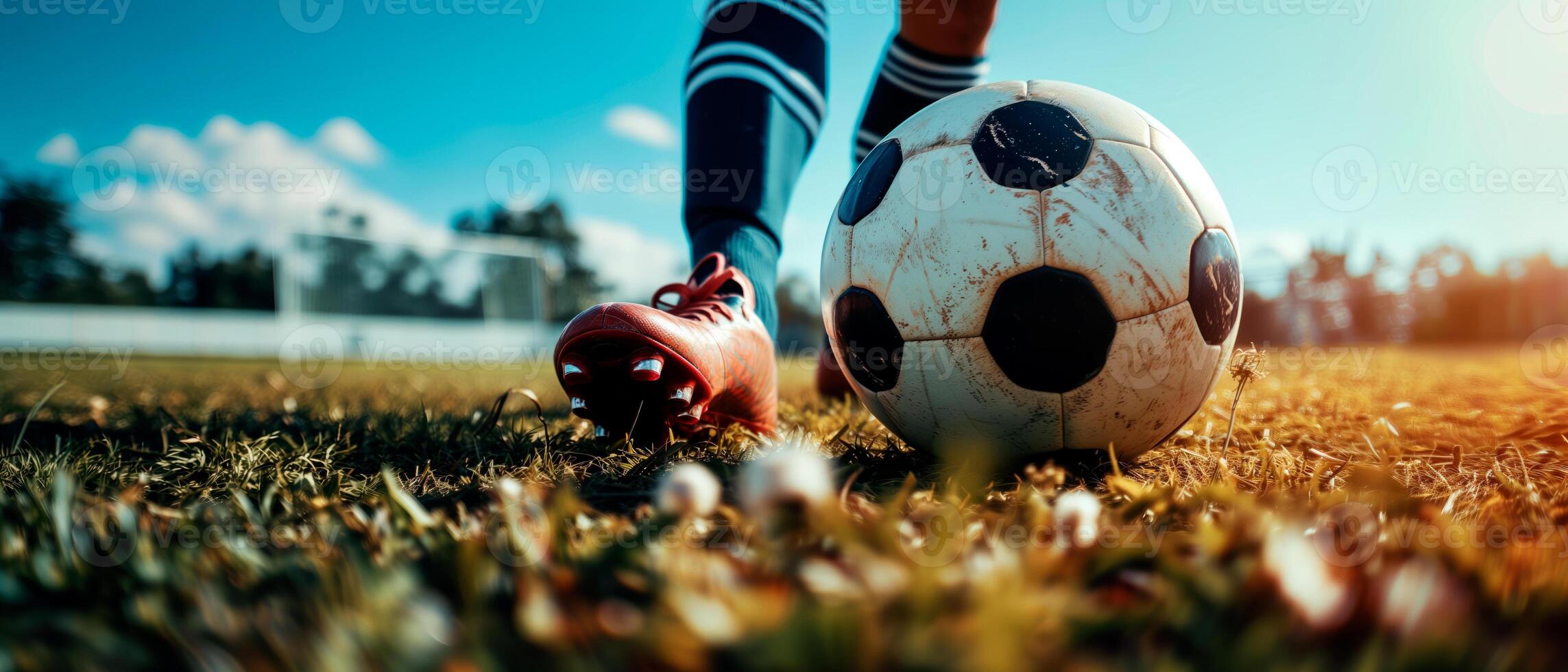 AI generated Soccer ball on green field. European football banner concept with empty space for text and promotion. photo