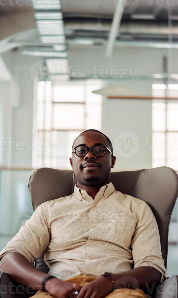 AI generated Happy business black man in the office. photo