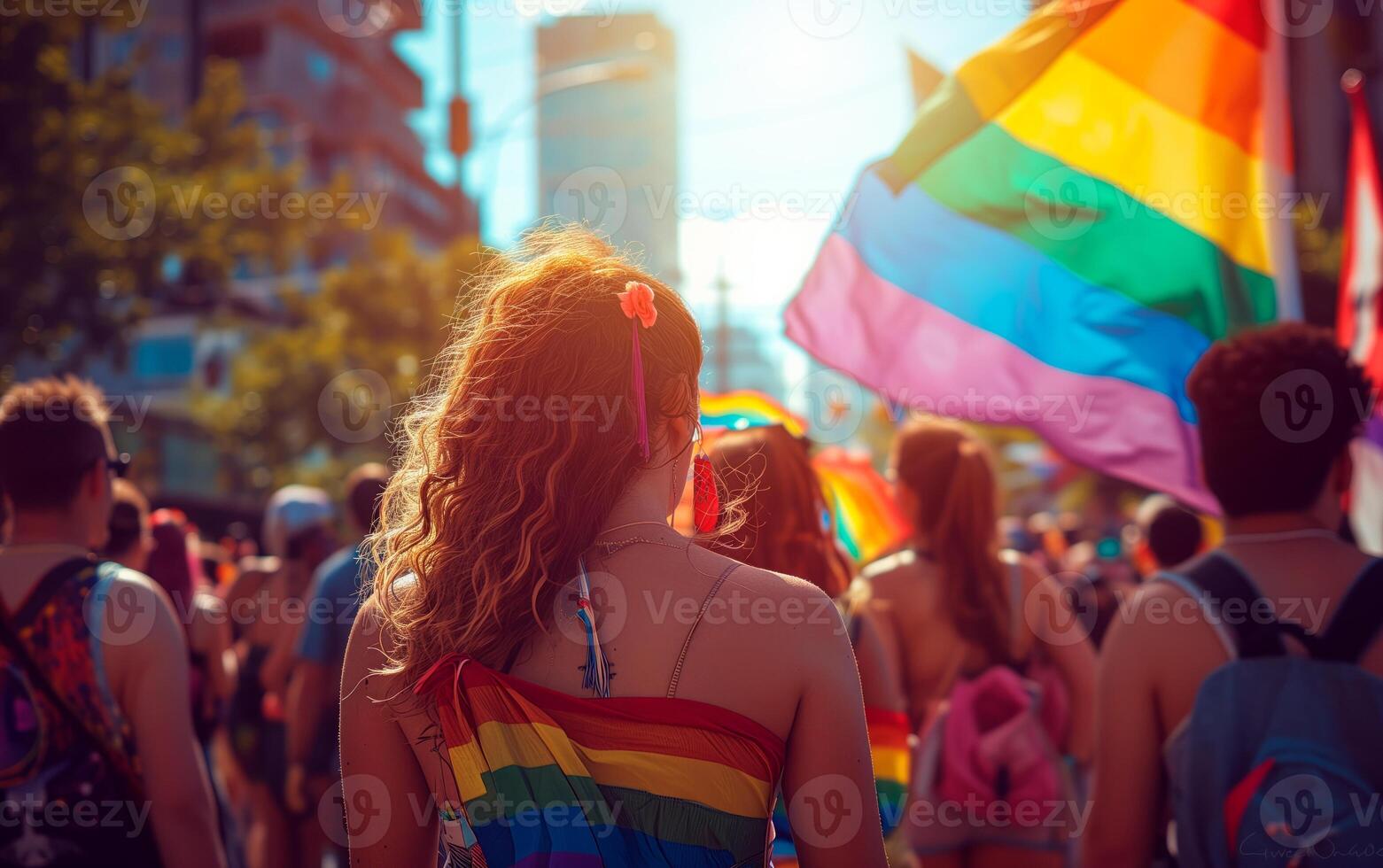 AI generated People at pride parade with rainbow flags. LGBTQ celebration march. photo