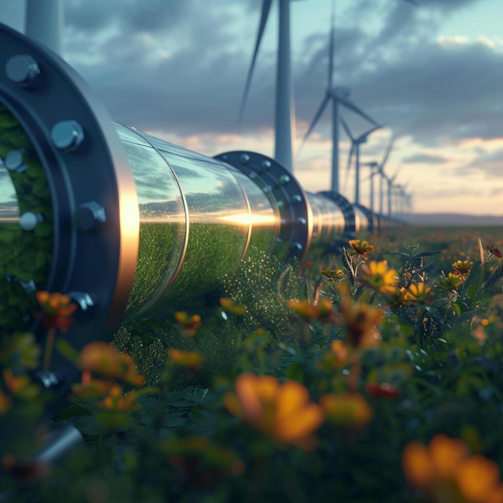 AI generated Photo Green hydrogen production concept Close up of hydrogen pipeline with wind turbines in background For Social Media Post Size