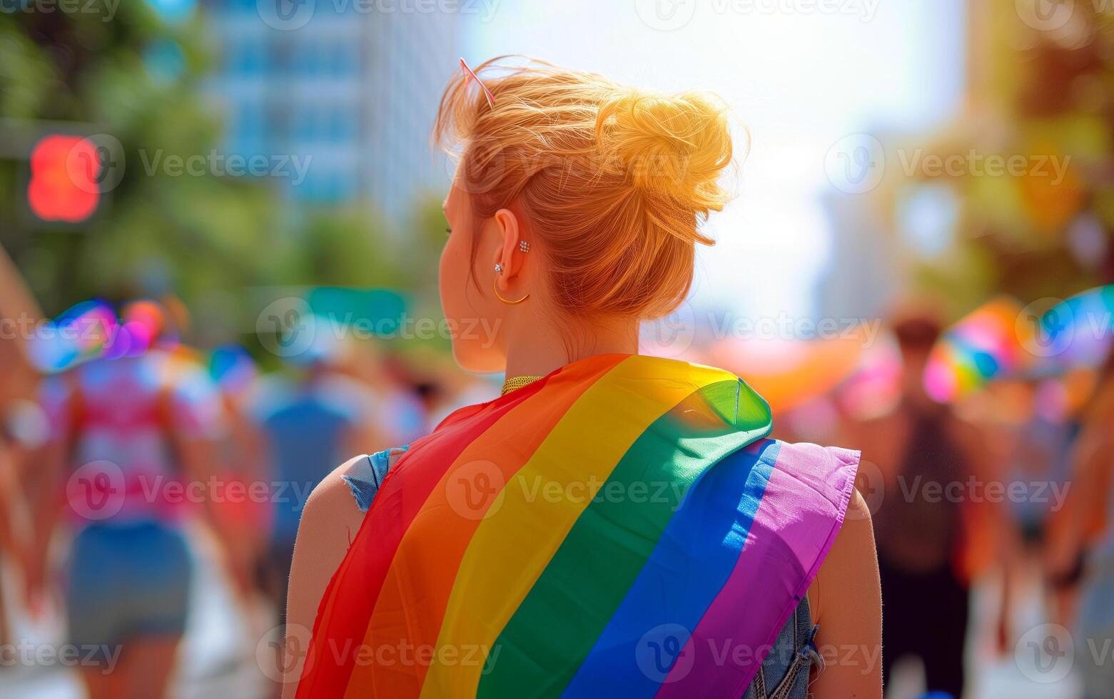 AI generated People at pride parade with rainbow flags. LGBTQ celebration march. photo