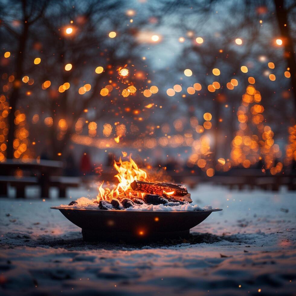 AI generated Product placement opportunity against blurred Christmas background with bonfire For Social Media Post Size photo