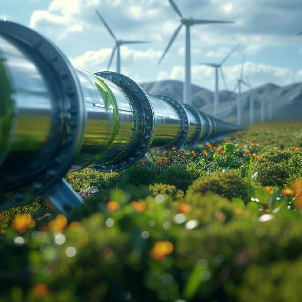 AI generated Photo Green hydrogen production concept Close up of hydrogen pipeline with wind turbines in background For Social Media Post Size