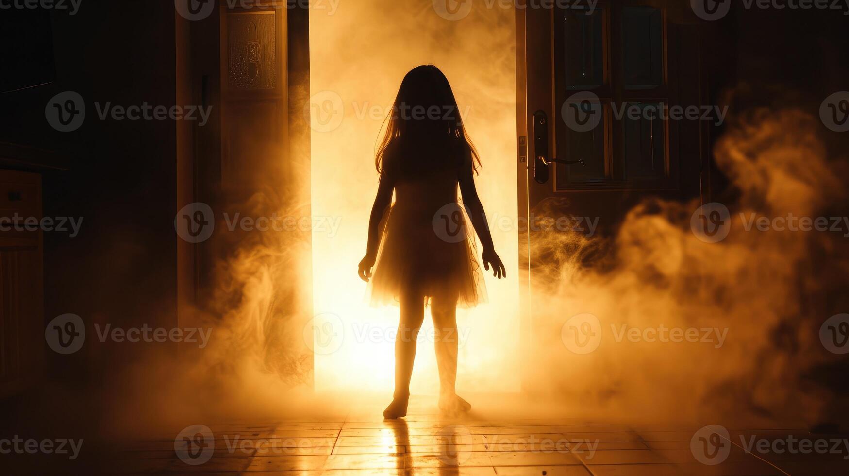 AI generated silhouette of a little girl emerges from a luminous room with smoke in the dark. The concept of children's fears and mysticism. photo