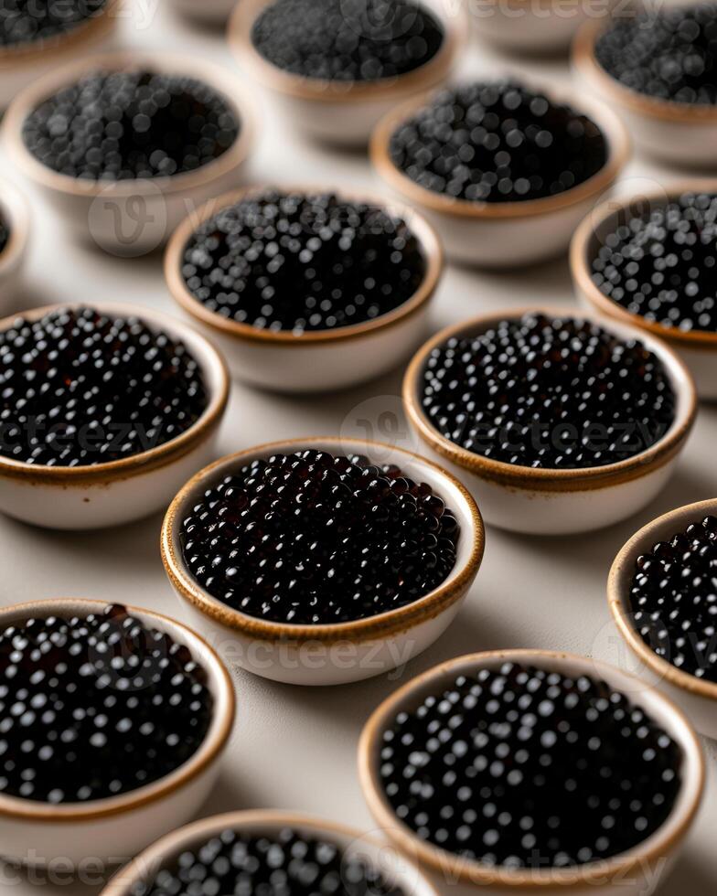 AI generated Caviar in small bowls, many bowls of caviar on the table, good composition on the table, the top table is light cement photo