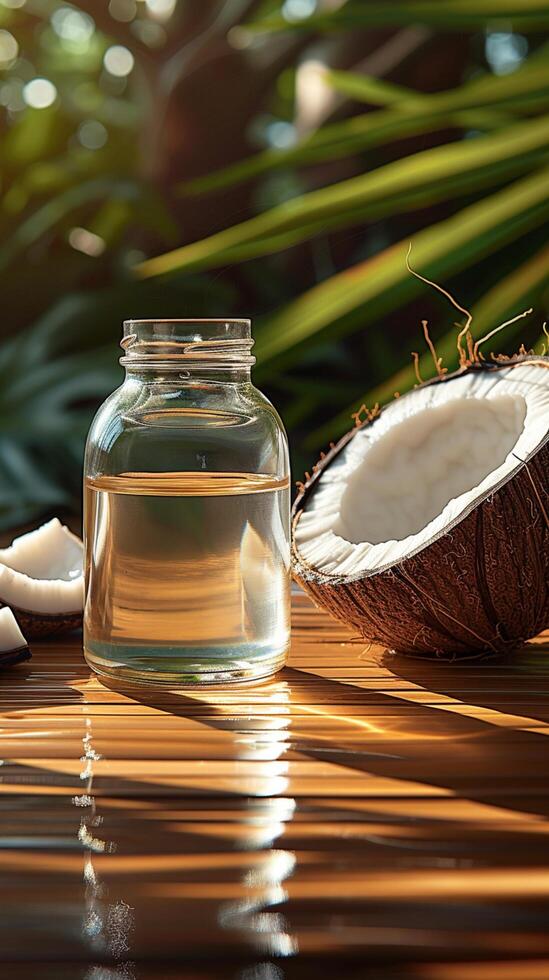 AI generated Virgin coconut oil Natural, organic essence captured in a bottle Vertical Mobile Wallpaper photo