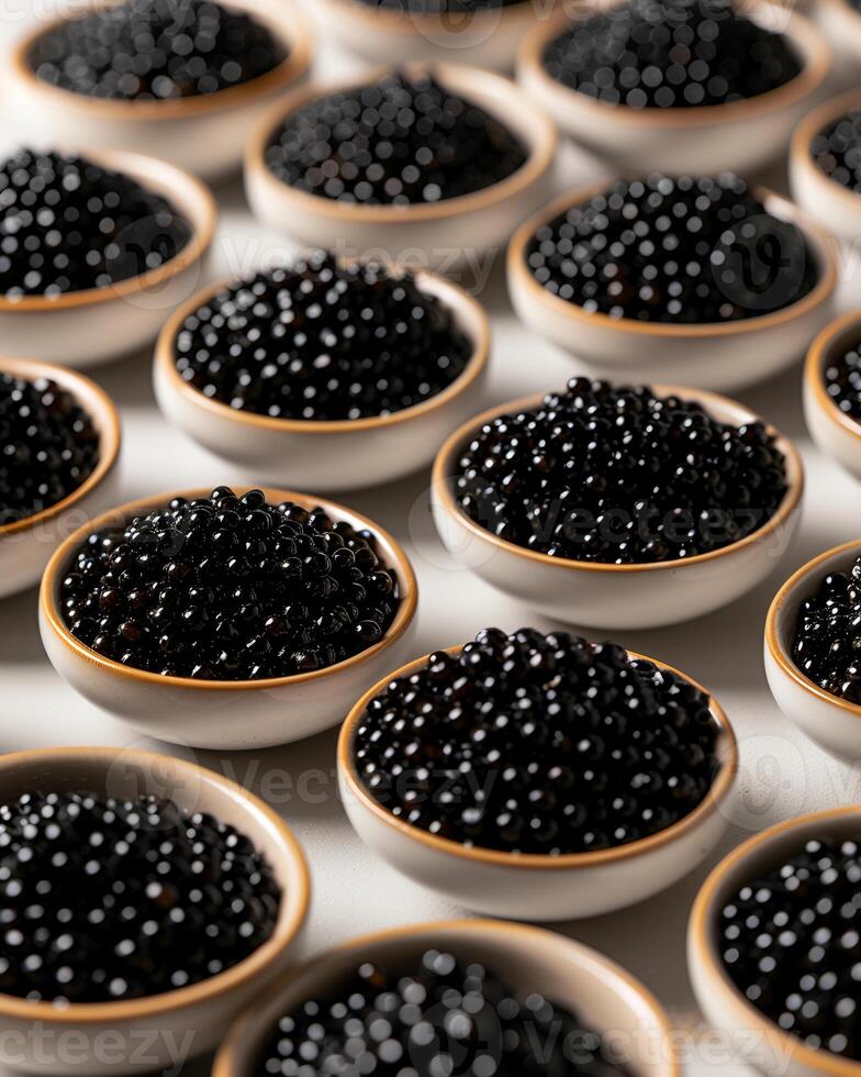 AI generated Caviar in small bowls, many bowls of caviar on the table, good composition on the table, the top table is light cement photo