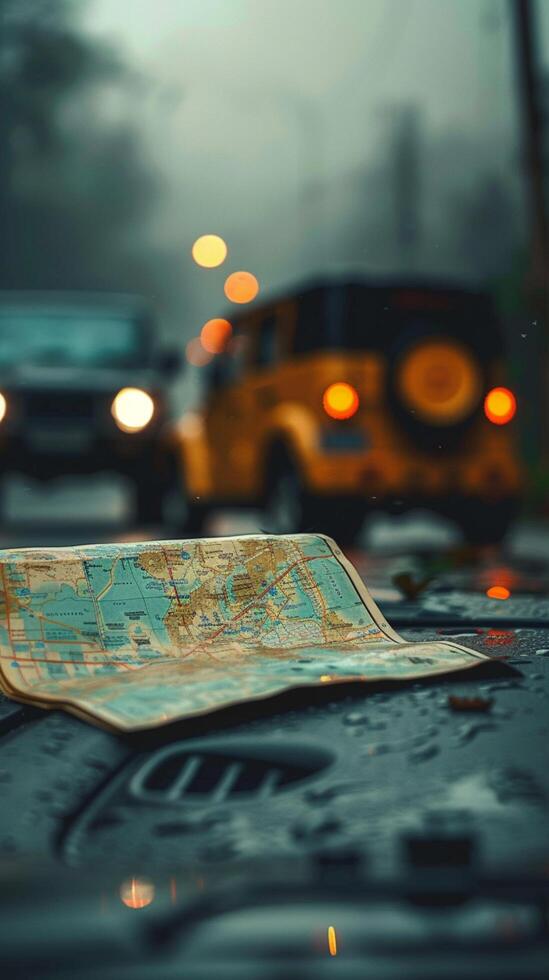 AI generated Traveling by car with map to guide the road trip Vertical Mobile Wallpaper photo