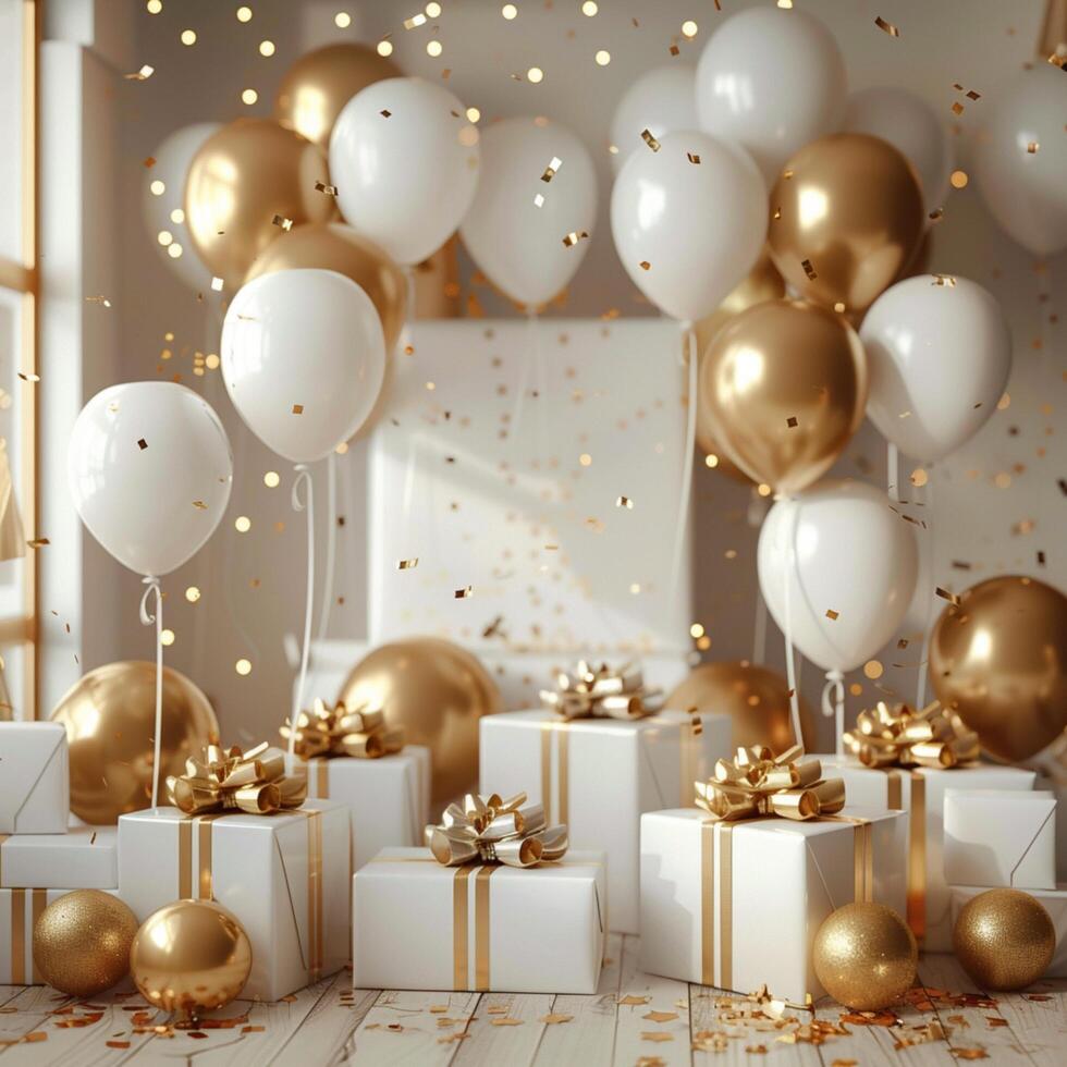 AI generated Golden balloons and gifts set the scene for celebration invitation For Social Media Post Size photo