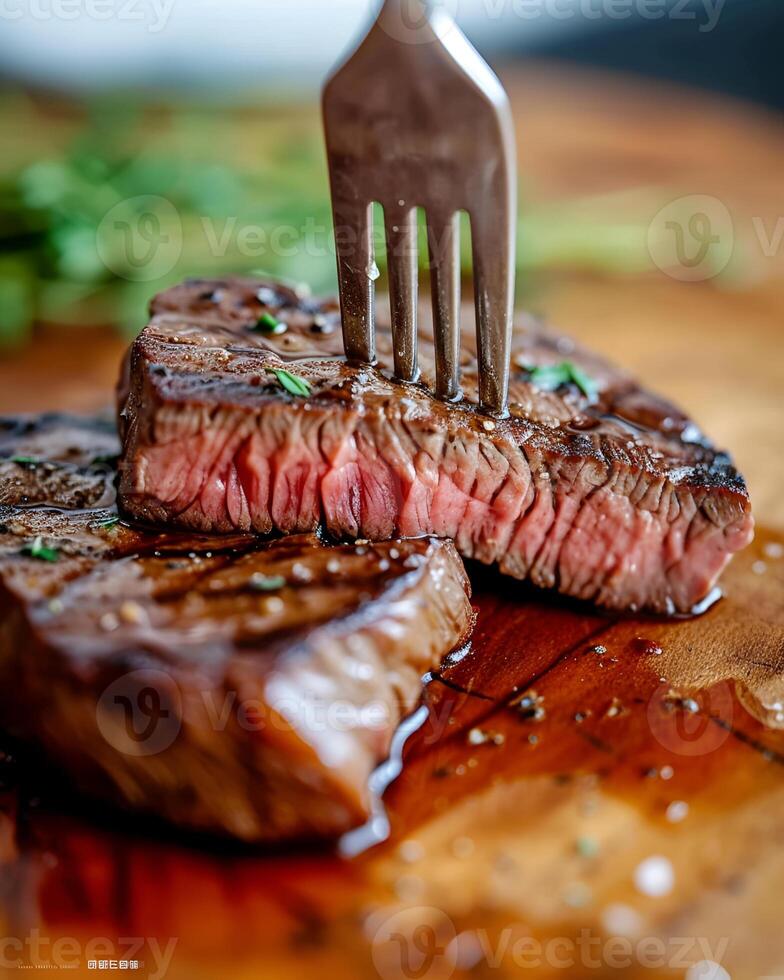 ai generado un pequeño aceitoso dos piezas de medio raro filete en un de madera corte tablero coronado con un tenedor siendo apuñalado dentro el filete foto