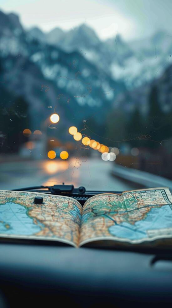 AI generated Car trip adventure with road map navigating the journey 