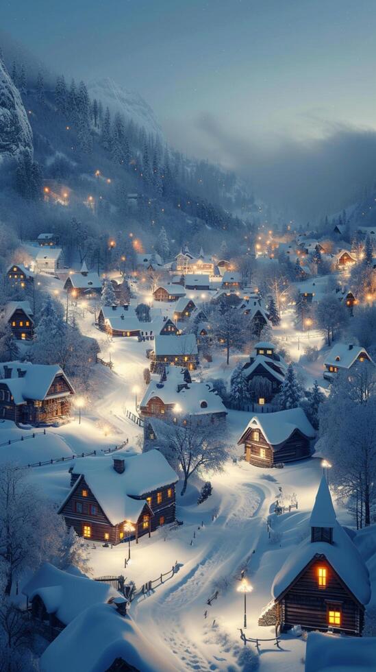 ai generado nieve cubierto pueblo brilla encantadoramente debajo Noche iluminación vertical móvil fondo de pantalla foto