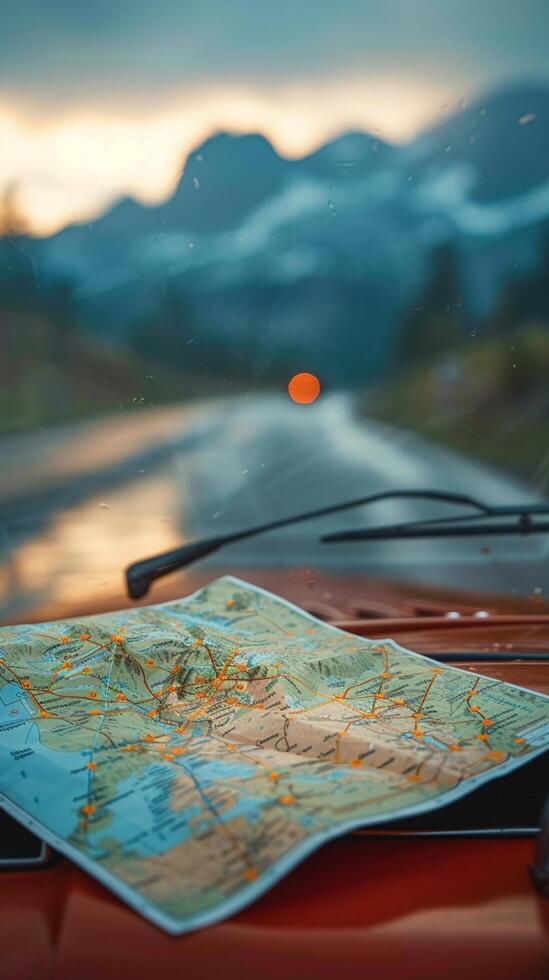 AI generated Road trip essentials Car, map, and open road ahead Vertical Mobile Wallpaper photo