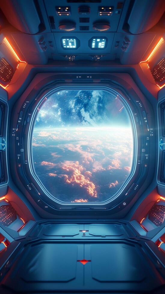 AI generated View from spaceship window reveals otherworldly scenery, 3D rendering Vertical Mobile Wallpaper photo