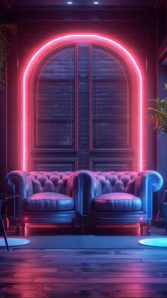 AI generated Modern lounge with dual leather couches lit by vibrant neons Vertical Mobile Wallpaper photo