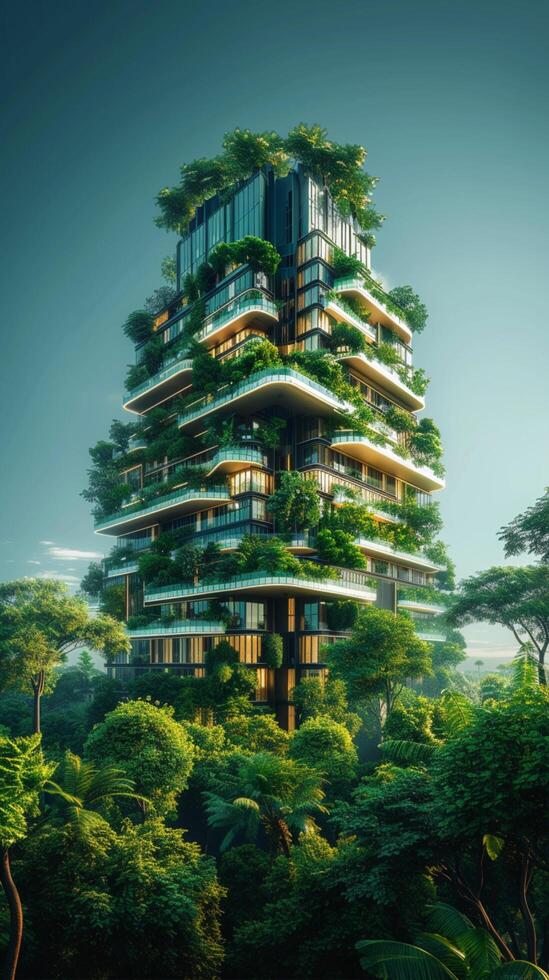 AI generated Skyscraper surrounded by lush greenery, soft focus enhances details Vertical Mobile Wallpaper photo