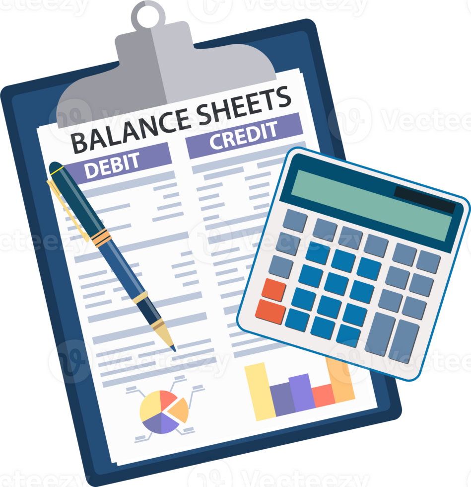 Clipboard with balance sheet and pen. png
