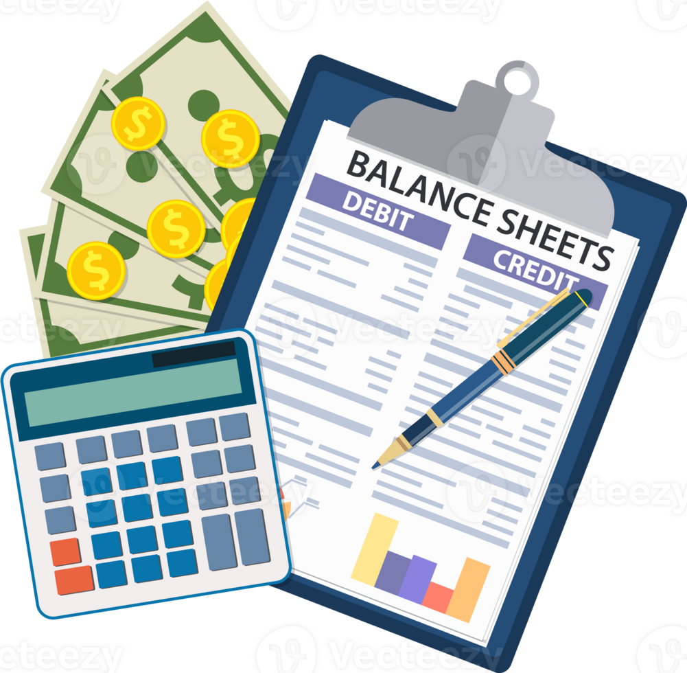 Clipboard with balance sheet and pen. png