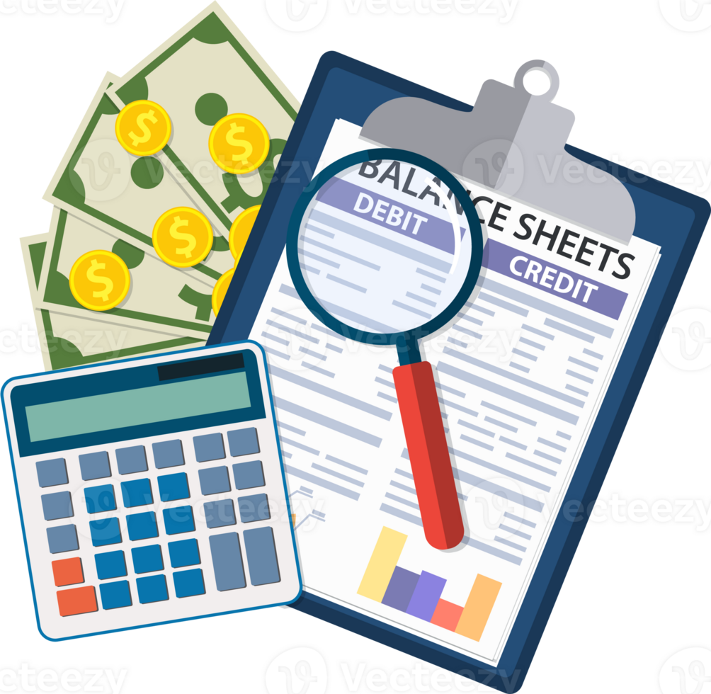 Clipboard with balance sheet and magnifying glass png