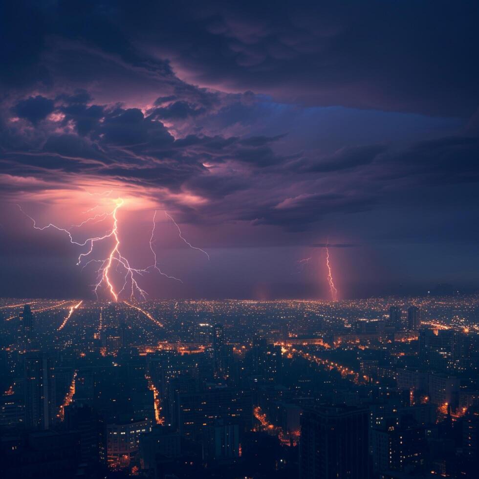 AI generated Cityscape at night with two lightning strikes creating dramatic scenery For Social Media Post Size photo