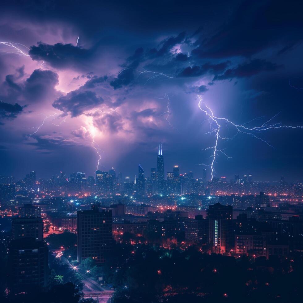 AI generated Nighttime cityscape enhanced by two striking lightning bolts For Social Media Post Size photo