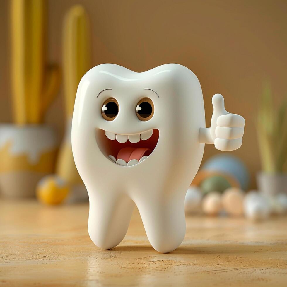 AI generated Cheerful tooth character with thumbs up gesture, 3D rendering For Social Media Post Size photo