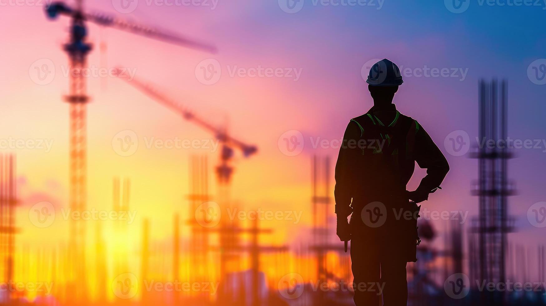 AI generated Silhouette engineer standing orders for construction crews to work on high ground heavy industry photo