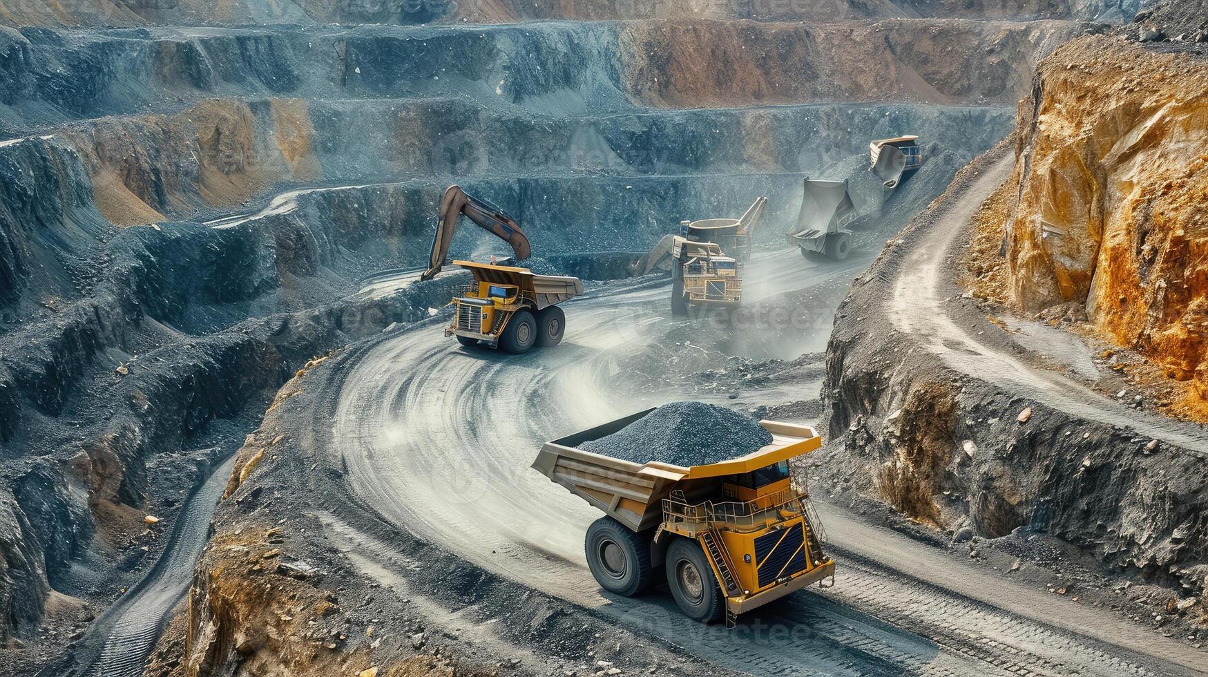 AI generated Work of trucks and the excavator in an open pit on gold mining, photo