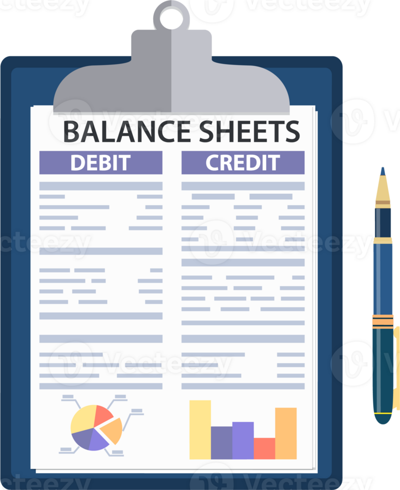 Clipboard with balance sheet and pen. png