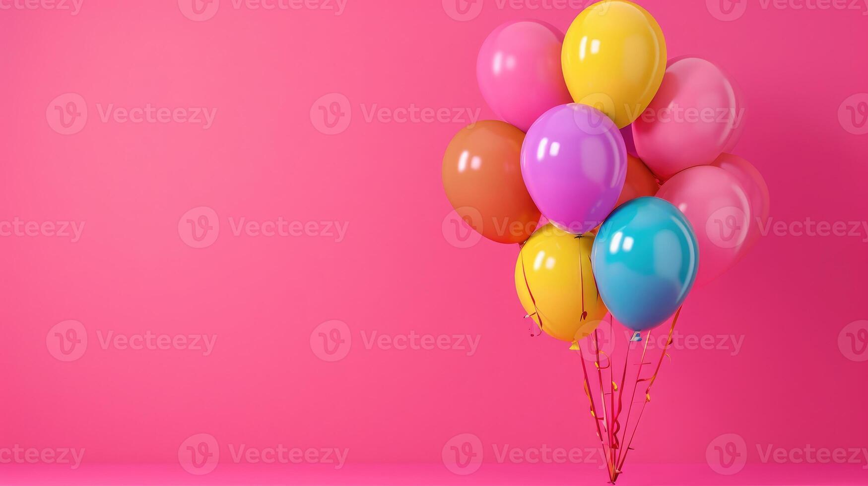 AI generated Bunch of bright balloons on pink background, space for text. photo