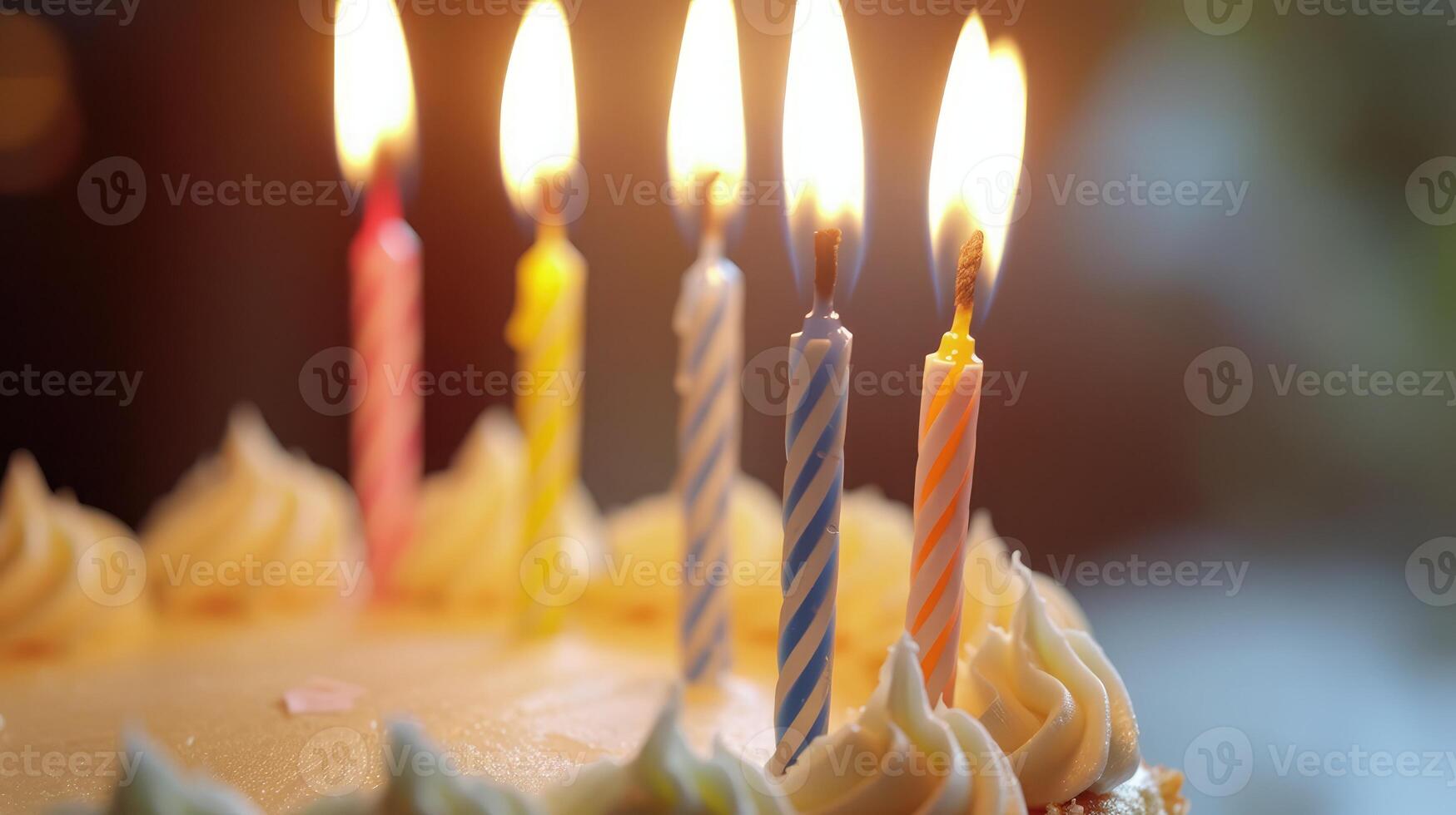 AI generated closeup of some unlit candles and just one lit candle after blowing out the cake photo