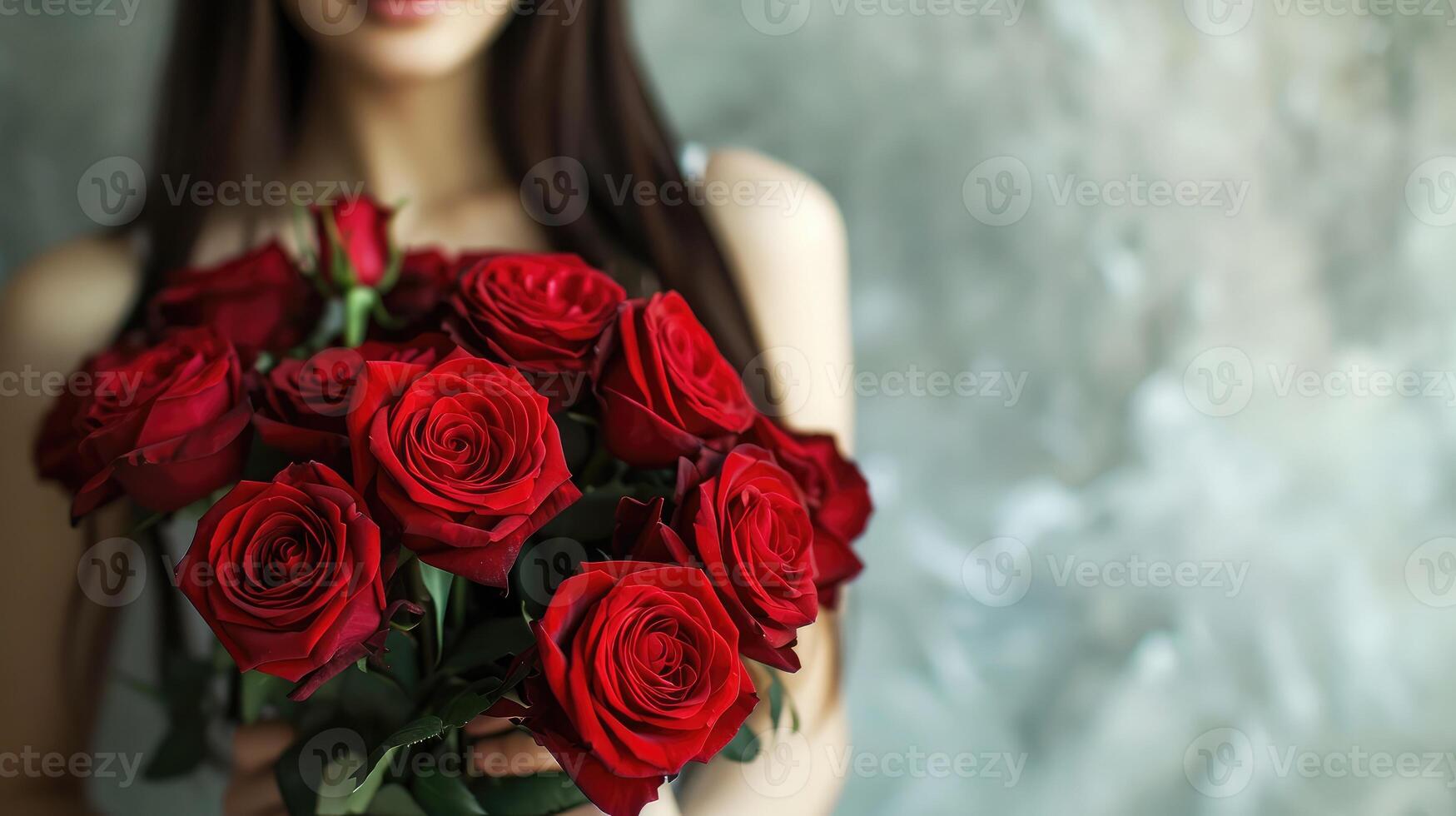 ai generado mujer participación lujo ramo de flores de Fresco rojo rosas en ligero fondo, de cerca foto