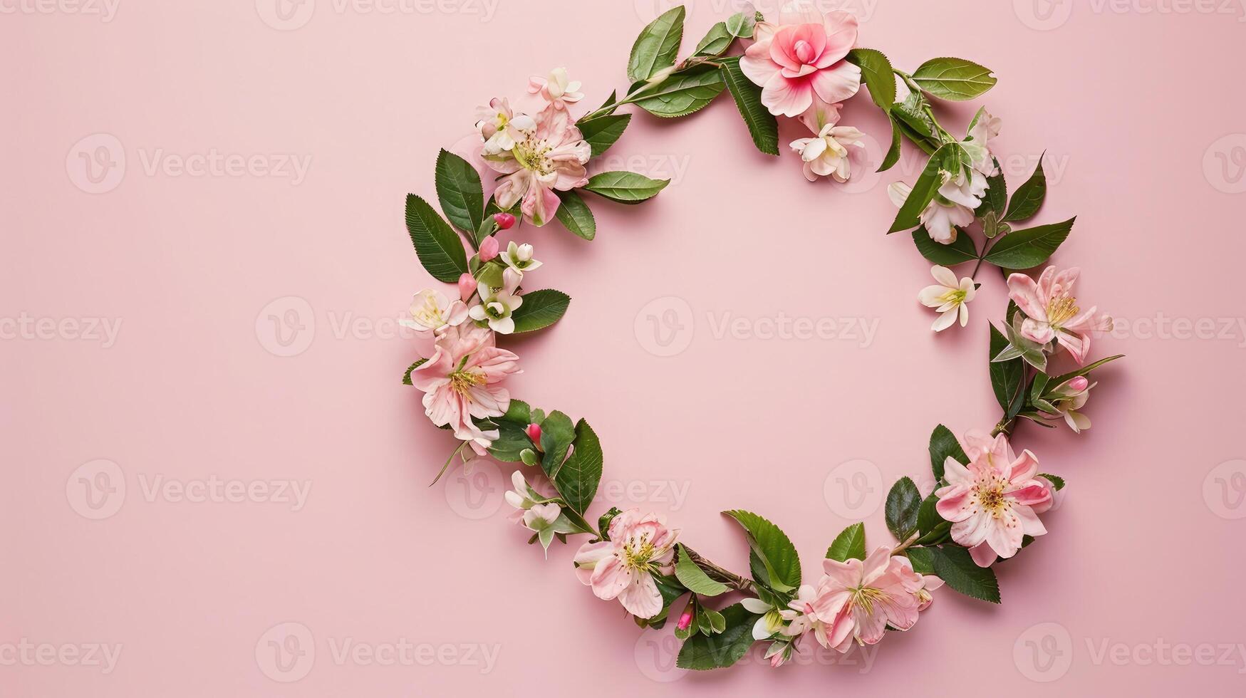 AI generated Wreath made of beautiful flowers and green leaves on pale pink background, flat lay. Space for text photo