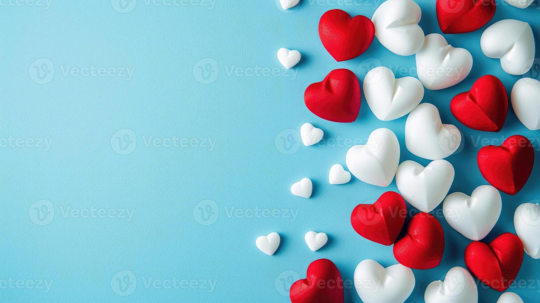 AI generated Valentine's Day background. White and red hearts on pastel blue background. Valentines day concept. Flat lay, top view, copy space photo