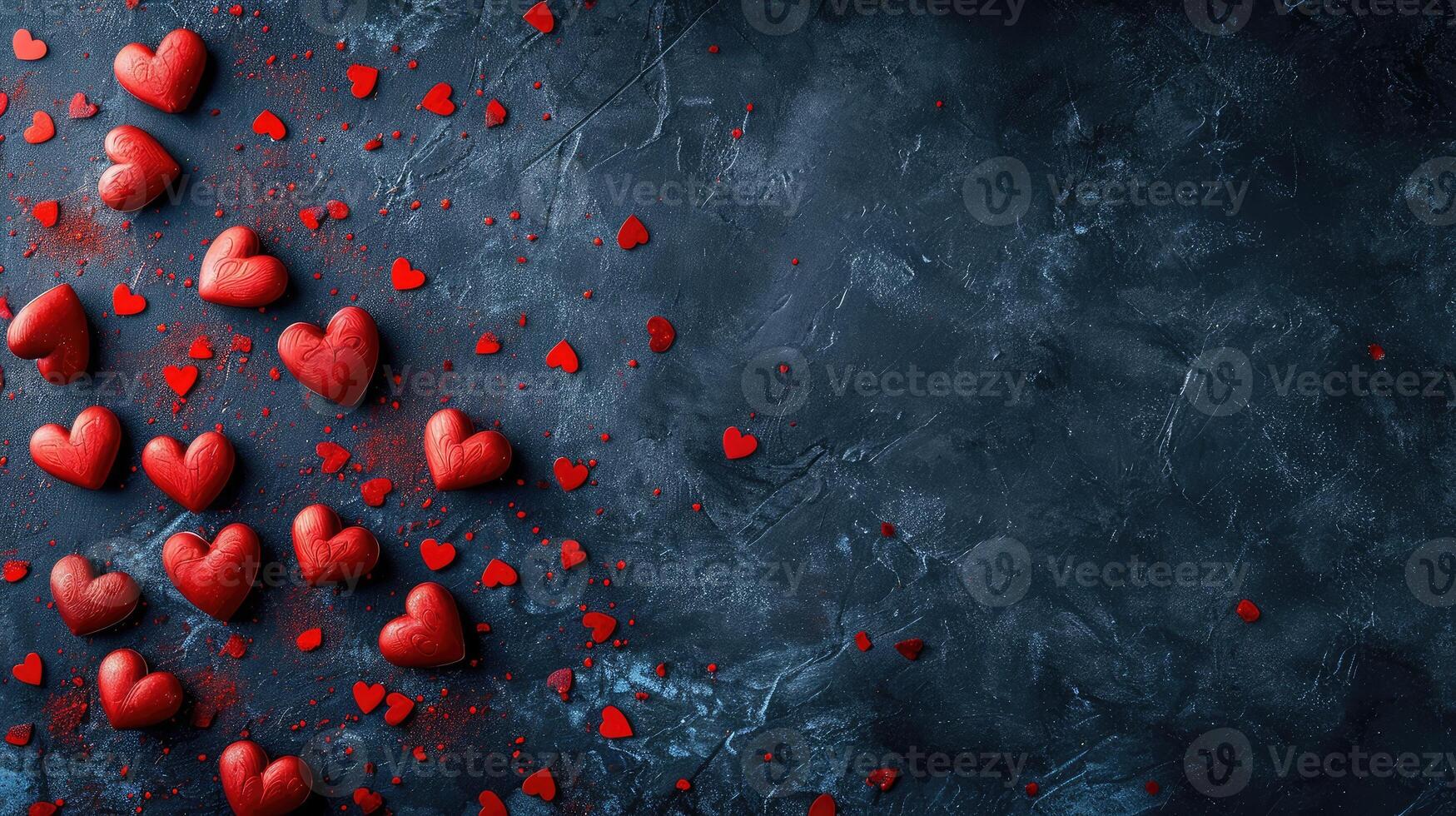 AI generated Valentine day background with red hearts, top view . copyspace photo
