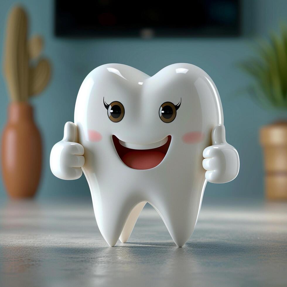 AI generated Friendly tooth character shows approval with thumbs up, 3D For Social Media Post Size photo