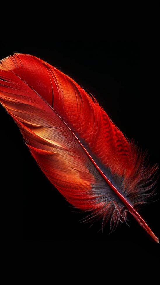 AI generated Vibrant red feather captured in exquisite detail against black background Vertical Mobile Wallpaper photo