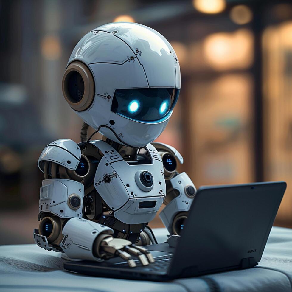 AI generated Futuristic robot utilizes laptop, symbolizing artificial intelligence revolution For Social Media Post Size photo