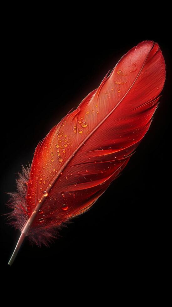 AI generated Vibrant red feather captured in exquisite detail against black background Vertical Mobile Wallpaper photo