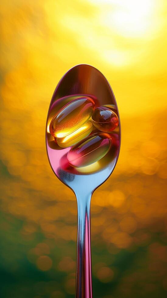 AI generated Spoon holds dietary supplements against vibrant, sunlit background Vertical Mobile Wallpaper photo