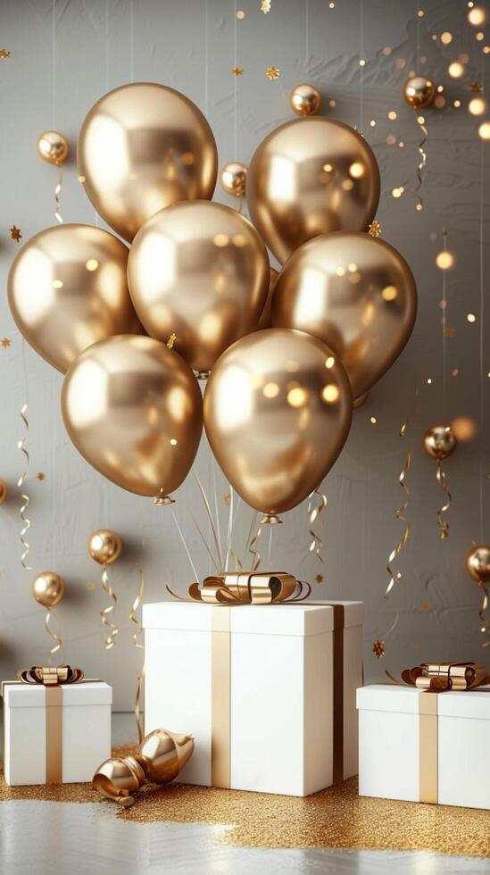 ai generado dorado globos y regalos conjunto el escena para celebracion invitación vertical móvil fondo de pantalla foto