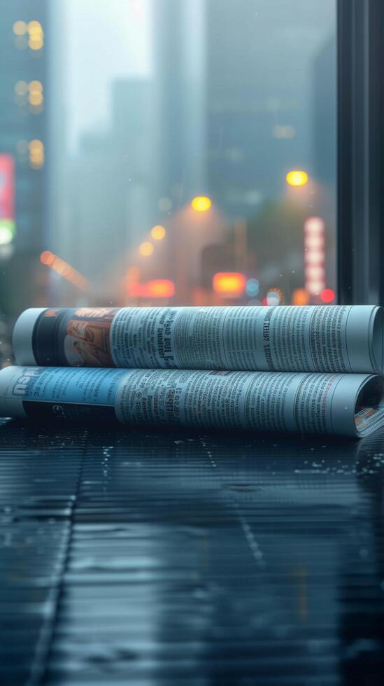 AI generated Minimalist backdrop with newspapers subtly blurred in the foreground Vertical Mobile Wallpaper photo