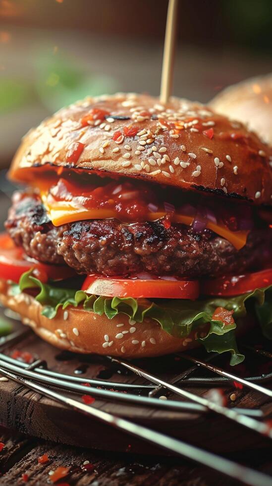 ai generado tentador vegetariano hamburguesa ofertas un sabroso carne gratis comida opción vertical móvil fondo de pantalla foto
