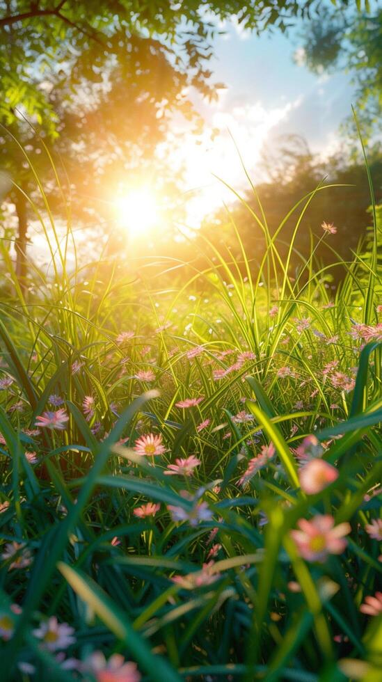 ai generado Perfecto soleado día en primavera, ideal para al aire libre ocupaciones vertical móvil fondo de pantalla foto