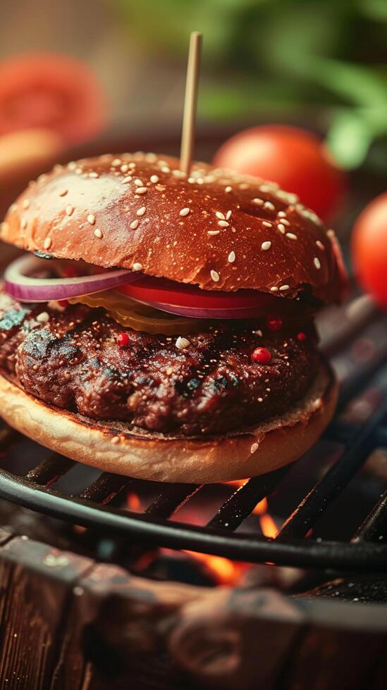 ai generado tentador vegetariano hamburguesa ofertas un sabroso carne gratis comida opción vertical móvil fondo de pantalla foto