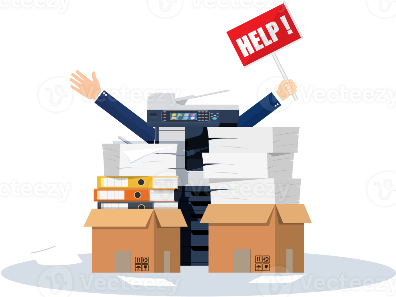 Stressed cartoon businessman in pile papers png