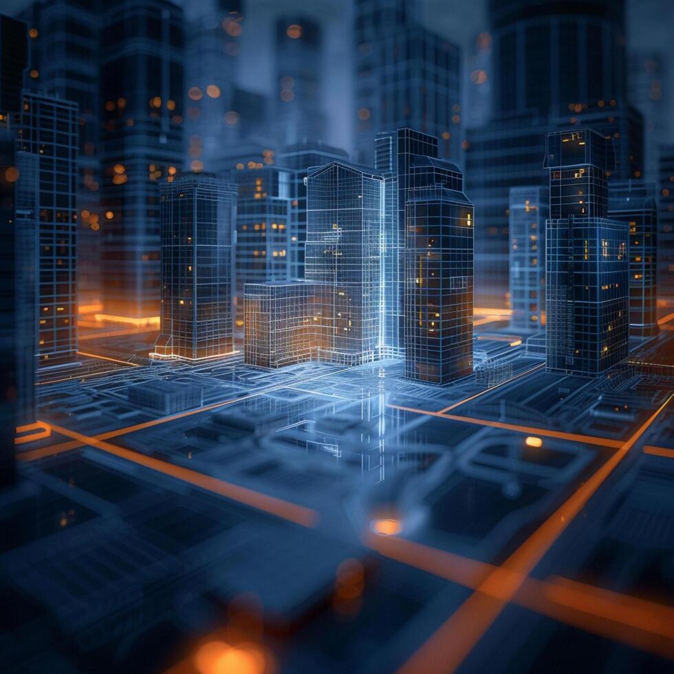 AI generated Future urban landscape Glowing city forms backdrop to modern apartment blueprint For Social Media Post Size photo