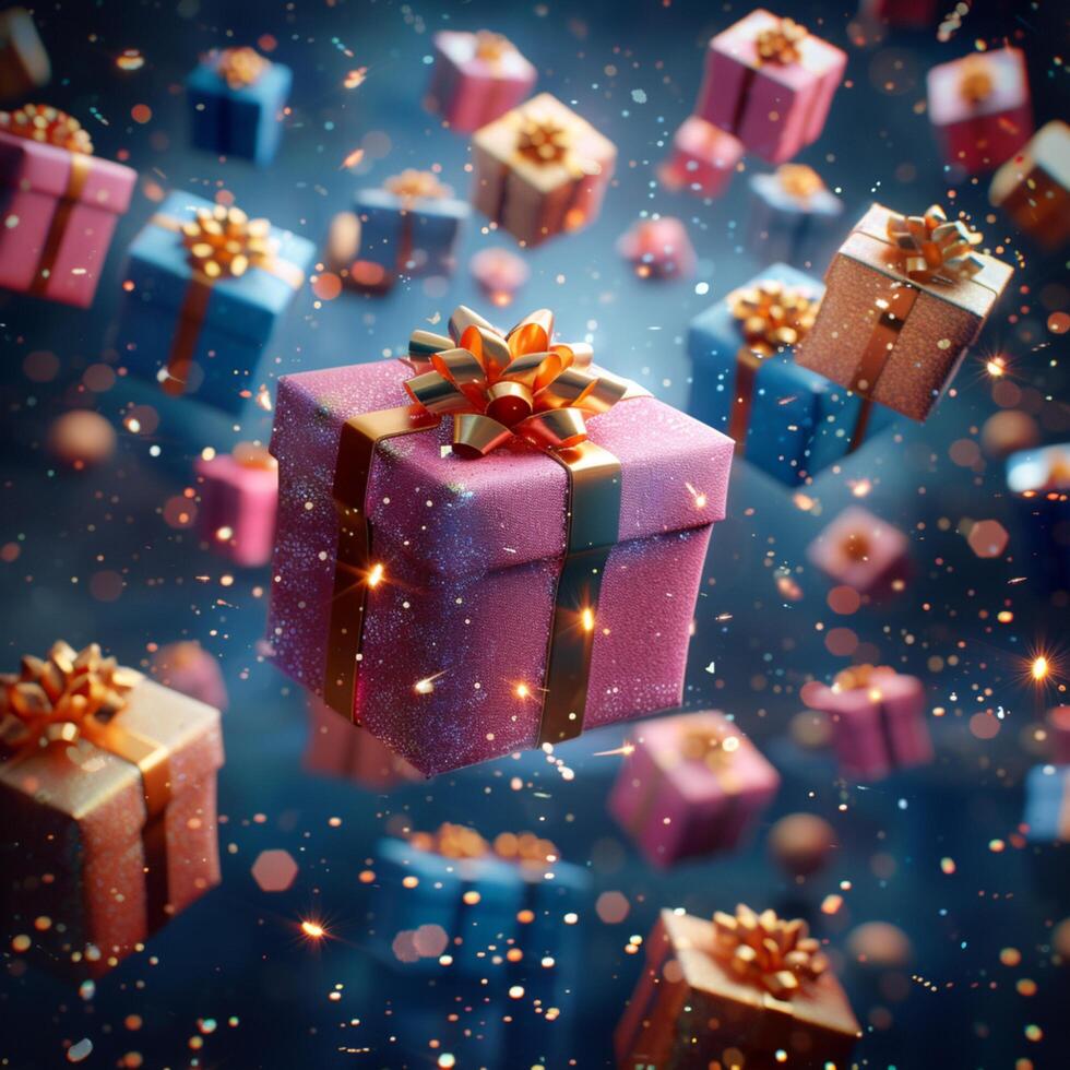 AI generated Whimsical holiday scene Colorful Christmas gift boxes descend from above For Social Media Post Size photo